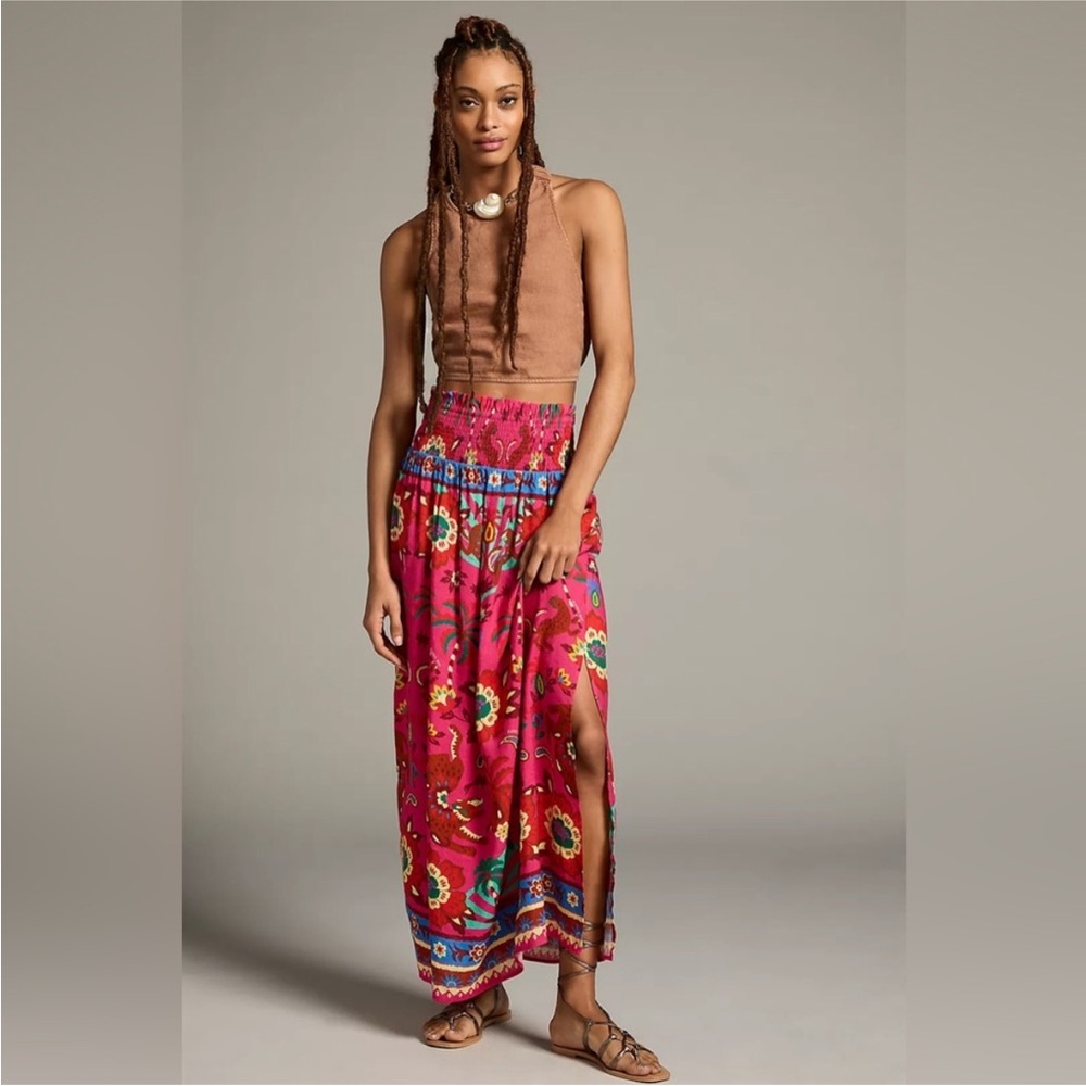 Farm Rio x Anthropologie Linen Maxi Skirt in Pink Floral Sz M